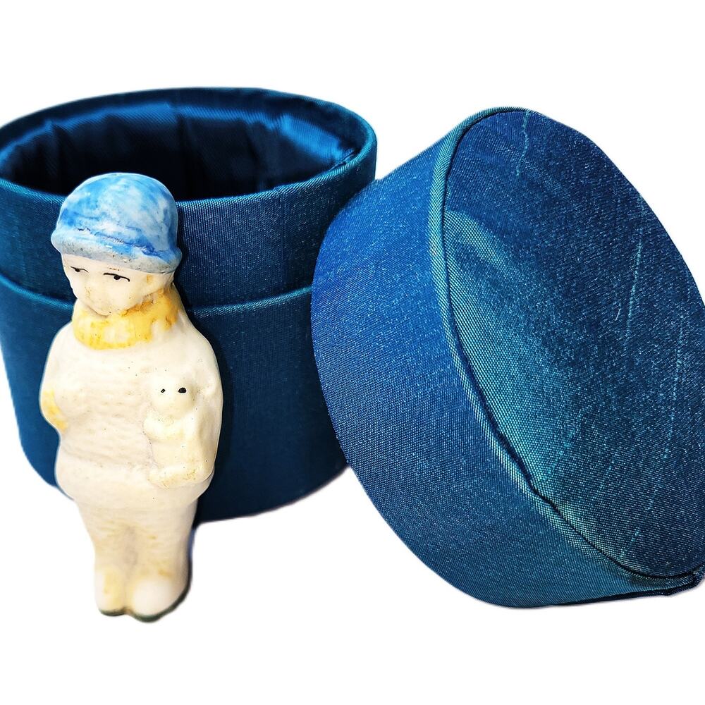 3" Vintage Frozen Charlotte with Puppie in Teal Upholstered Round Box w/Lid